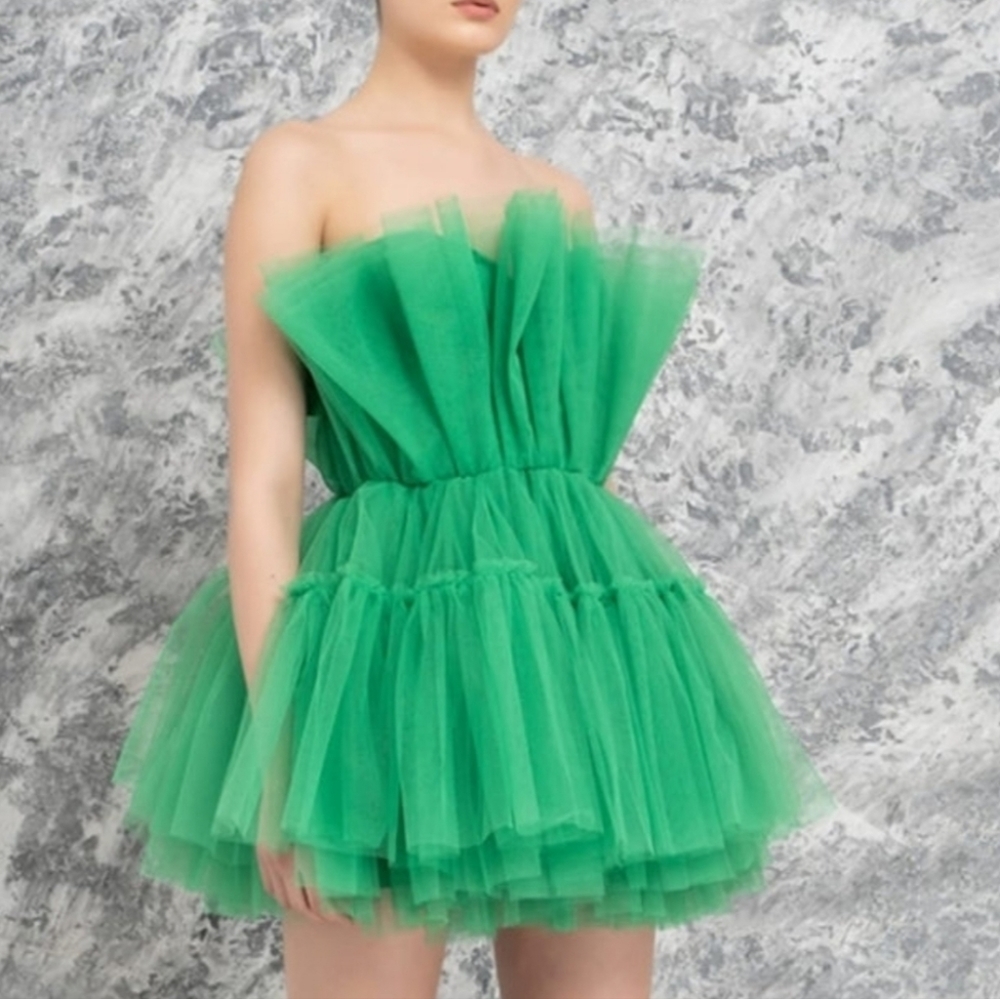 Kikiriki Green  Off Shoulder Mini Tulle Dress